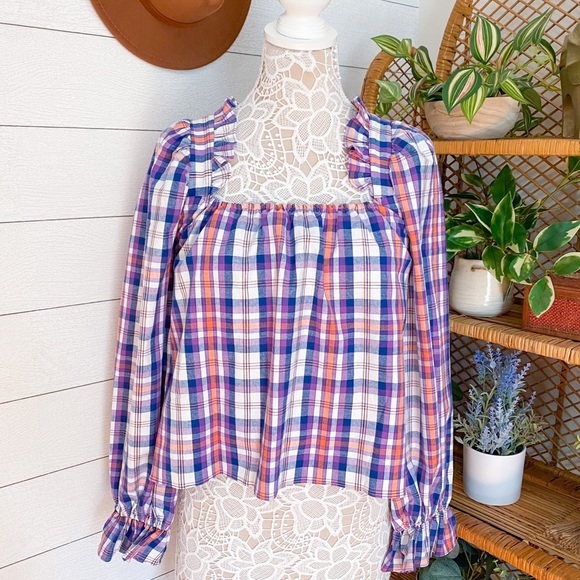 NWT Twelve Twelve Shannon Plaid Blouse Purple XS Anthropologie - Picture 10 of 12